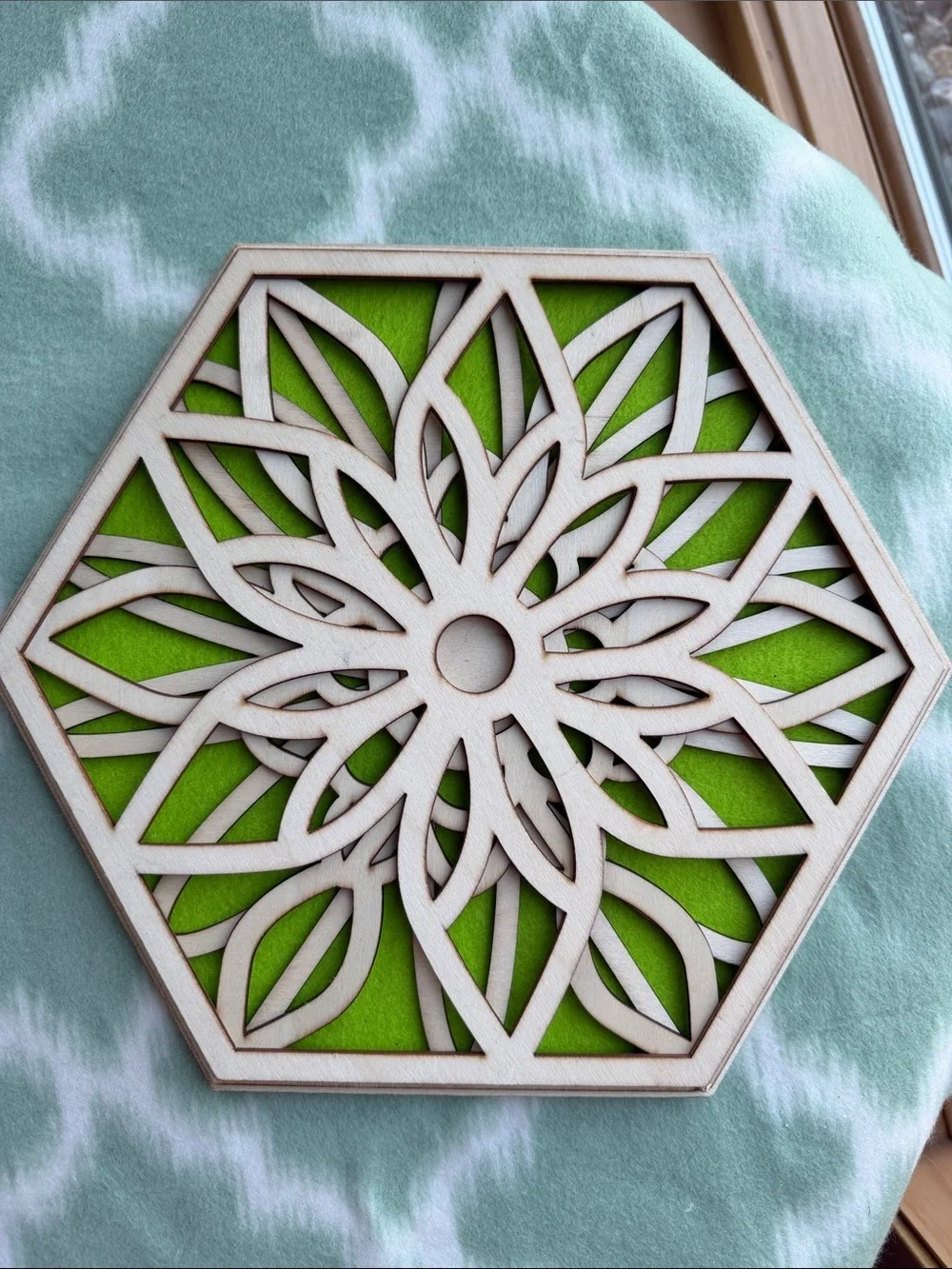 2 pieces Hexagon Laser-Cut Wood Wall Plaques with Blue and Green acoustic Inlays